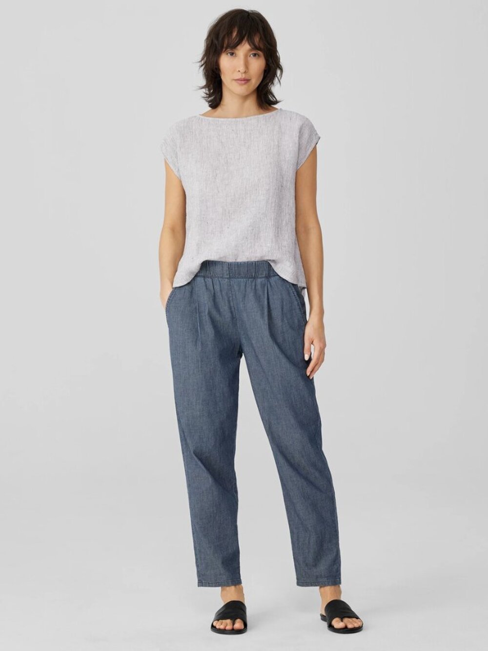 Eileen Fisher Airy Organic Cotton Tapered Pant in Denim Size Petite Large NWT